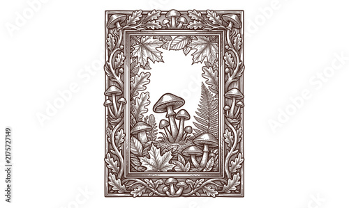 Vintage autumn botanical frame with mushrooms, oak leaves, maple foliage, and intricate engraved woodland illustration