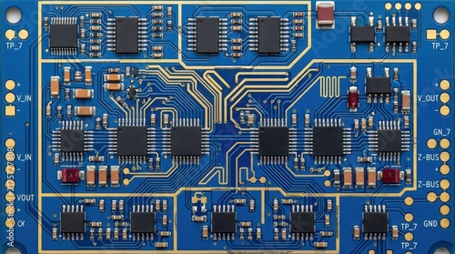 Blue printed circuit board with integrated microchips and electronic components