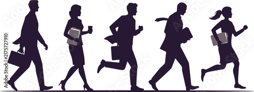 Business People Silhouette Set with Office Workers Hurrying and Running to Work for Corporate Concepts, Career Growth, Time Management Presentations, and Web Graphics Vector