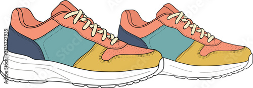 Colorful Sneaker Shoes Vector Illustration in Hand Drawn Doodle Style with Pastel Blocks for Fashion Footwear and Casual Streetwear Design (20 words)