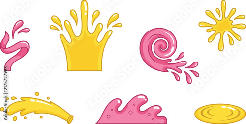 Colorful Liquid Splash and Drop Vector Element Set Featuring Yellow and Pink Paint Splatters Slime Waves Crown and Ripple Shapes for Design