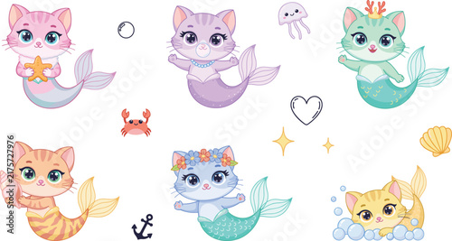 Cute Purrmaid Vector Character Set with Adorable Mermaid Cats Sea Creatures Shells and Undersea Elements for Children Kids and Sticker Designs (21 words)