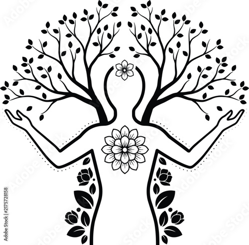 Tree of Life Human Silhouette Vector Illustration with Blooming Mandala Flowers and Branches for Meditation Wellness Yoga and Spiritual Concept Designs