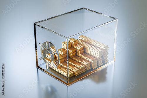 3D render of a transparent glass safe filled with stacked gold bars and secured with a combination lock. Concept of wealth, investment, banking, finance, savings and luxury.