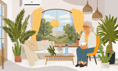 Heatwave Europe elderly people summer safety home air conditioning senior woman sitting indoors surrounded by plants drinking water sunny day