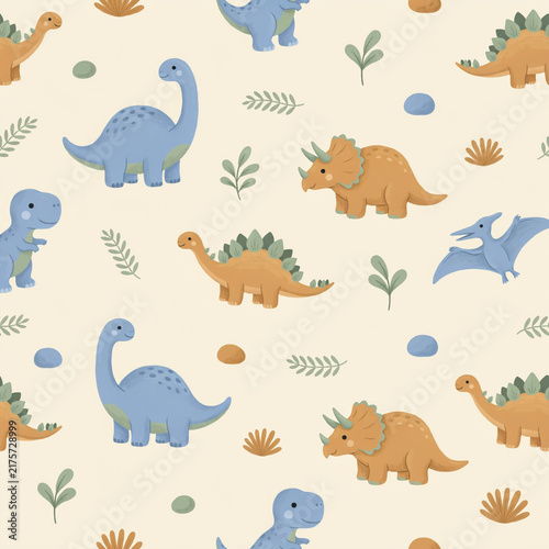 Seamless cute dinosaur nursery pattern in muted colors