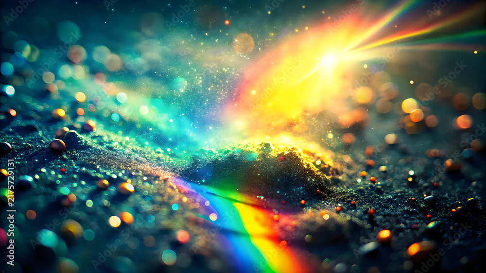 Obraz premium Abstract rainbow light flare background with sparkling bokeh particles and colorful glow