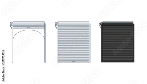 Roll up metal garage doors illustration showing open archway, closed silver shutter, and closed black door.