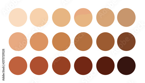Skin tone color palette set of fifteen circle swatches from light peach to deep dark brown on white.