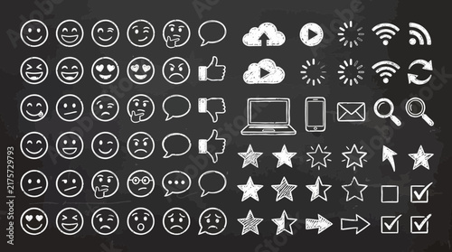 Chalkboard Doodle Icon Set Hand Drawn Emojis and Social Media Vector Illustration