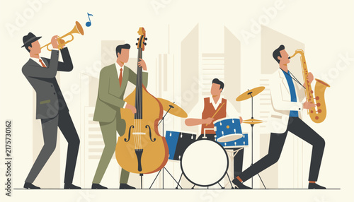 Jazz band musicians playing musical instruments including trumpet double bass drums and saxophone against a city skyline.