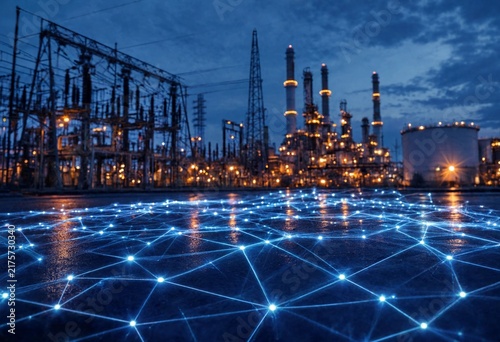 Stylized industrial power substation at twilight with glowing digital network nodes, electrical infrastructure, transmission lines, and futuristic technology representing smart energy connectivity and