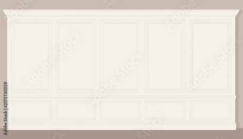 Elegant white wooden wall wainscoting paneling with classic molding decoration for a sophisticated interior.
