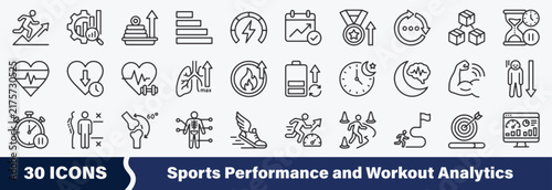 Sports Performance and Workout Analytics Line Icons Set: Including Athletic Performance Tracking, Workout Performance Analytics, Training Load Monitoring, Training Volume, Exercise Intensity, etc.