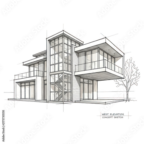 West elevation concept sketch of a modern multilevel luxury residence with large glass windows isolated on transparent background