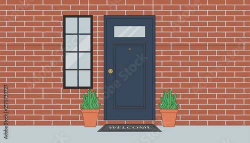 Dark blue front door of a brick house featuring a welcome mat, window, and potted green plants on either side of the entrance.