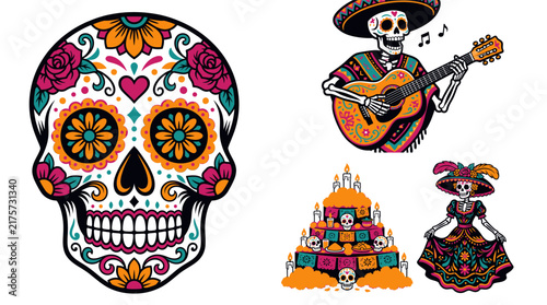 Dia de los muertos celebration vector illustration set