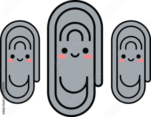 Three cute gray paperclips with smiling faces isolated on transparent background
