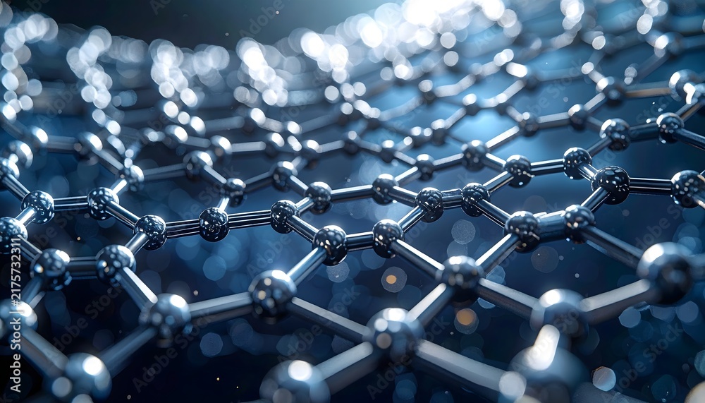Fototapeta premium Estructura molecular hexagonal en primer plano con esferas y enlaces sobre fondo azul oscuro de estilo científico y tecnológico