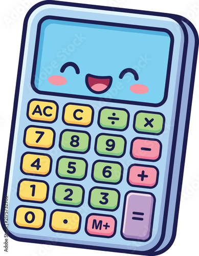 Cute cartoon calculator with a smiling face isolated on transparent background