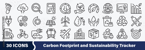 Carbon Footprint and Sustainability Tracker Outline Icons Set: Including Carbon Footprint, Carbon Emissions, CO2 Tracking, Emissions Calculator, Emissions Reduction, Carbon Offset, Sustainability etc.
