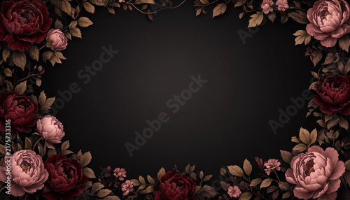 Elegant floral frame with dark peonies and vintage leaves on black background
