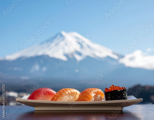 Fresh assorted sushi served on a white plate with the iconic Mount Fuji in the background