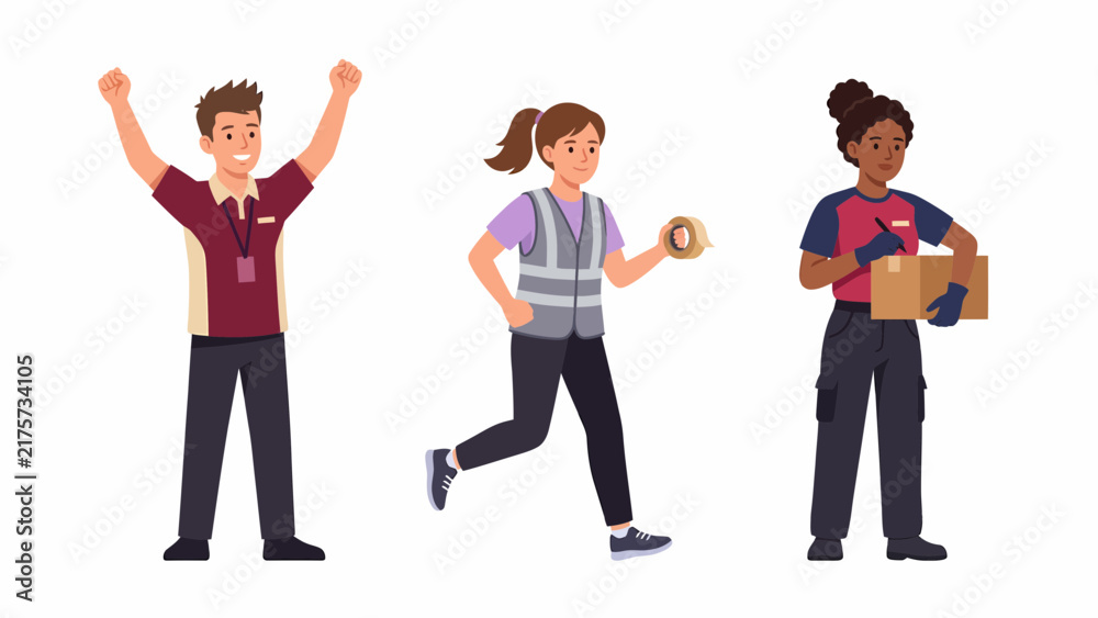 Obraz premium Three diverse workers in uniform, one celebrating, one running with tape, and one holding a package.