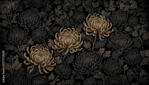 Vintage floral pattern with detailed golden chrysanthemum flowers on a dark black background