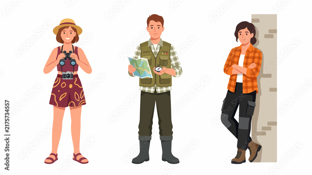 Obraz premium Three diverse people dressed for outdoor exploration and adventure, holding maps and binoculars.