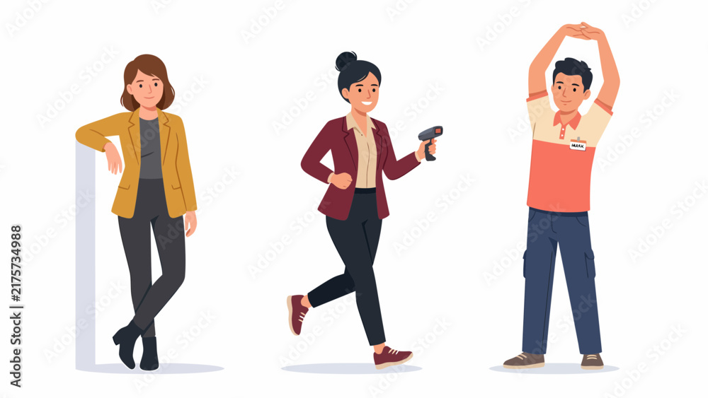 Obraz premium Three diverse people in casual business attire, depicted in a modern flat illustration style, conveying professionalism and activity.