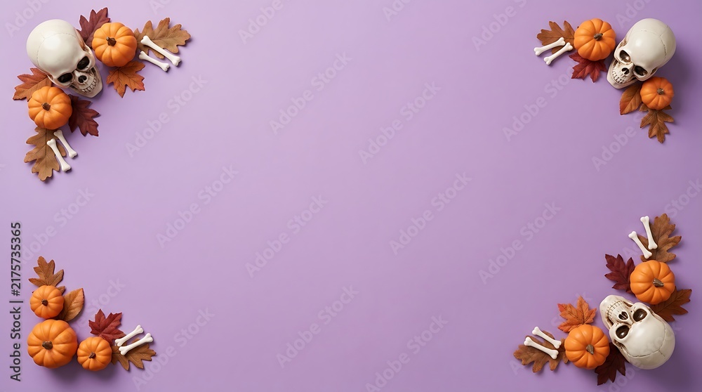 Fototapeta premium Festive halloween background with decorative skulls and small orange pumpkins arranged in the corners on a solid light purple surface with copy space area