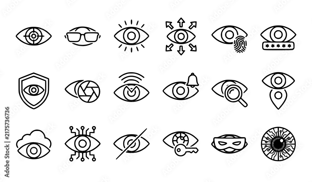 Fototapeta premium Set of hand drawn eye icons representing security surveillance privacy and digital monitoring technology concepts in doodle style