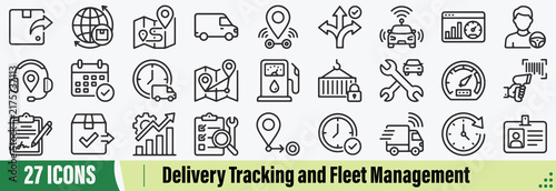 Delivery Tracking and Fleet Management Outline Icons Set: Including Delivery Tracking, Shipment Tracking, Package Tracking, Delivery Status, Delivery Route, Route Optimization, GPS Navigation, etc.