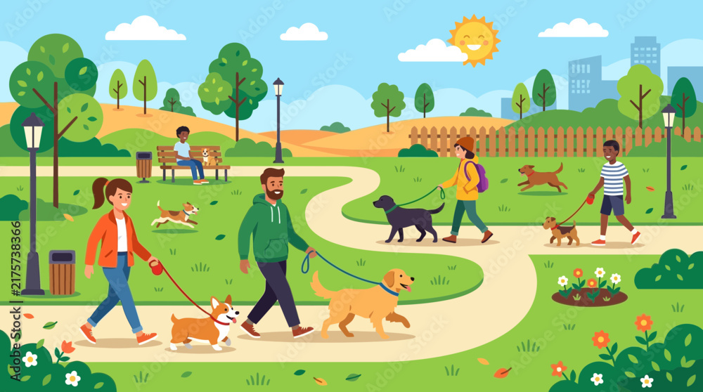 Fototapeta premium People Walking Dogs on Pathway in Public City Park Outdoor Recreation Vector Illustration