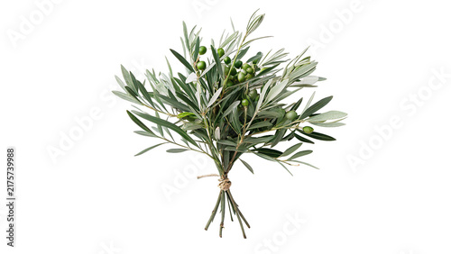 Bunch of fresh green olive branches with small olives isolated on transparent background