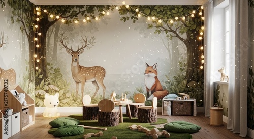 Childs room with woodland mural and decorative elements play area