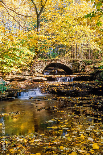 Old arch bridge in a woodland with a stream and beautiful autumn colors