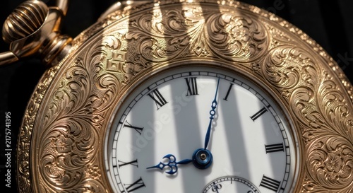 Close up of a golden pocket watch showcasing intricate details and design