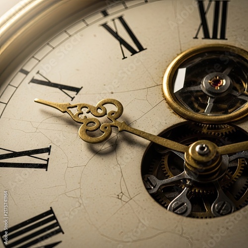 Close up of antique clock face showing roman numerals and detailed hands