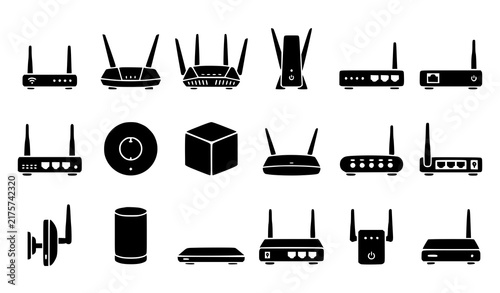 Foto Set of black silhouette icons representing various wireless internet routers and