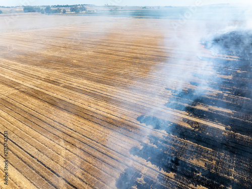 Burned agricultural land seen from above with smoke plumes rising