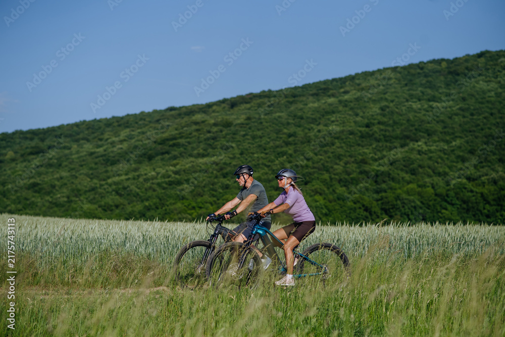 Fototapeta premium Side view of senior couple exploring nature on electric bicycles