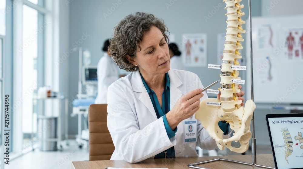 Obraz premium A female doctor examines a spinal disc model. She is wearing a white lab coat and is seated at a table in a medical office.