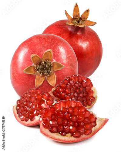 Fresh pomegranates with their skin and seeds displayed in simple arrangement isolated on transparent background, PNG file