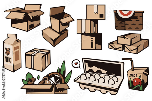 Hand Drawn Carton Packaging Collection and Recycled Box Illustrations