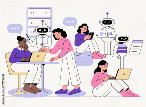Flat vector illustration of diverse people working with robot assistants in office