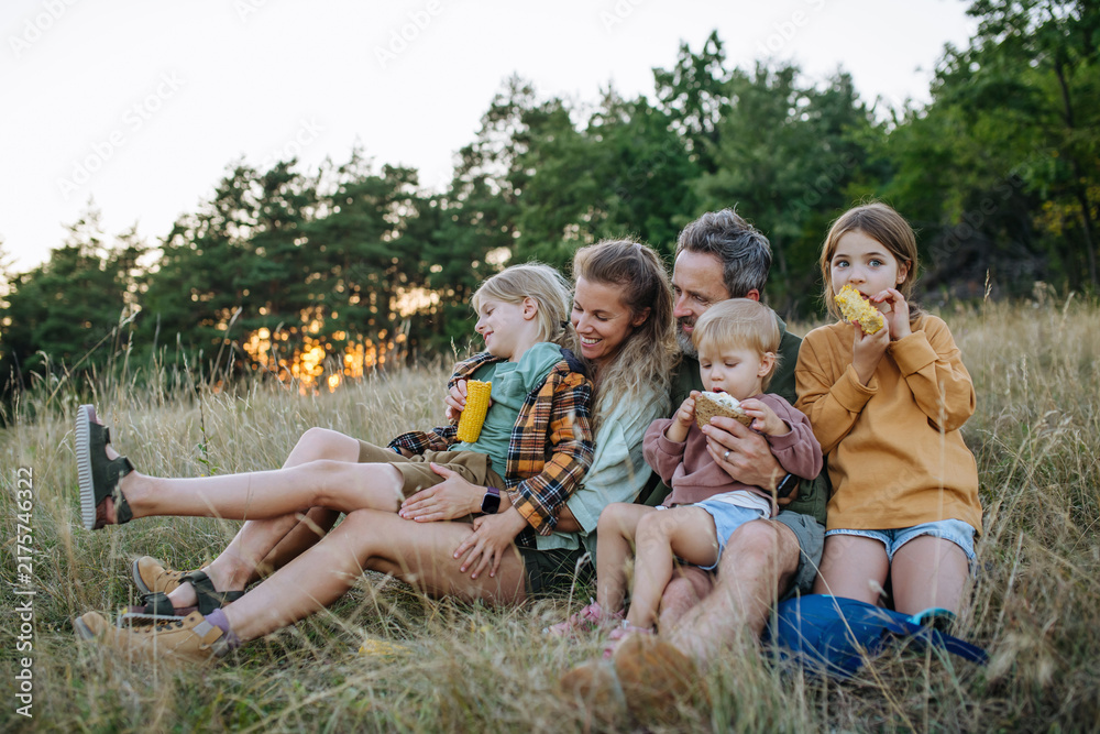 Naklejka premium Family hiking together through countryside during summer camping trip.