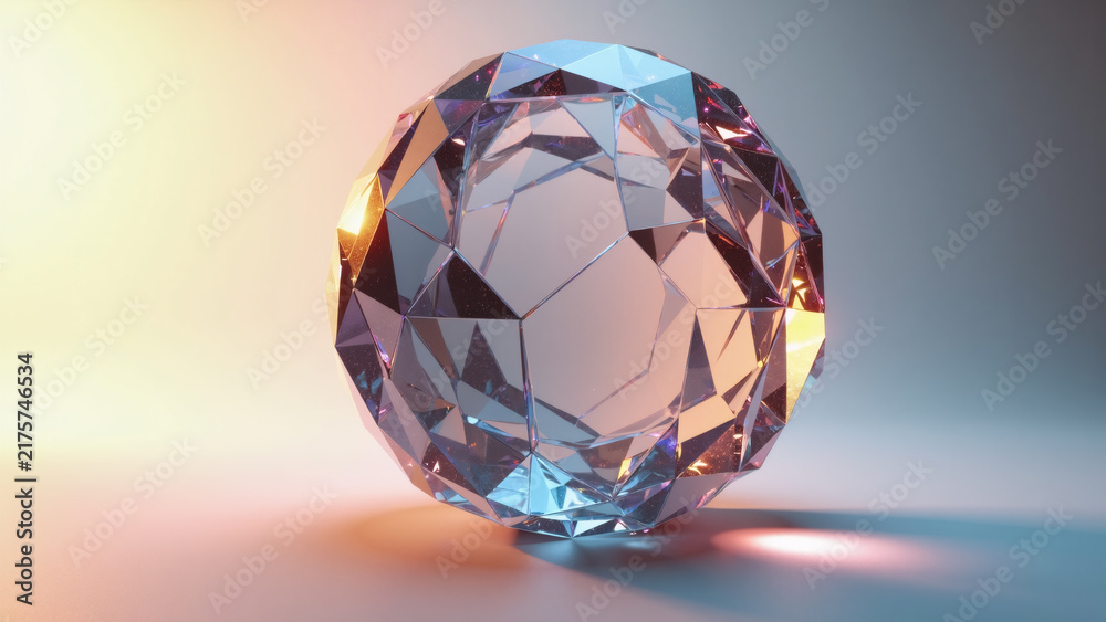 Naklejka premium Iridescent crystal polyhedron sphere reflects vibrant chromatic colors in studio setting.