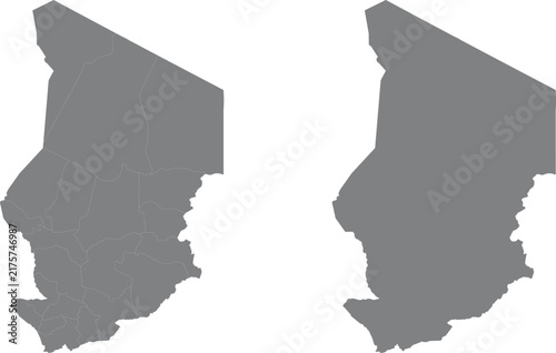 Grey map of chad with and without regions isolated on white background illustration